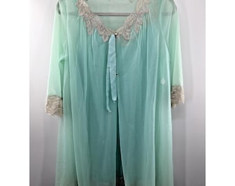 Conjunto de camisón babydoll de gasa vintage, bata peignoir de nailon sedoso con encaje transparente S Evette