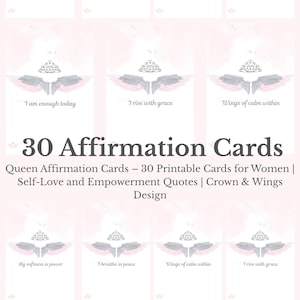 Jeu de 30 cartes d'affirmation en téléchargement numérique Jeu de cartes imprimable pour l'autonomisation des femmes | Citations sur l'amour de soi | Conception numérique de la couronne et des ailes