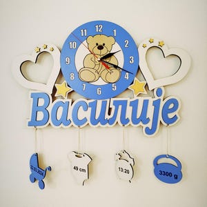Marco de fotos con detalles, nacimiento de un niño, tablero de partículas de 3 mm, regalo, reloj, oso.