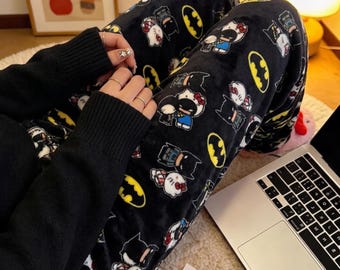 Spodnie piżamowe HK x Bat, flanelowe spodnie do spania z motywem Kitty Anime, długie spodnie do chodzenia po domu w stylu Kawaii Cartoon, miękkie, puszyste, ciepłe, uroczy prezent