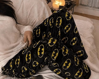 Bat Pyjama Pants, Anime Flannel Pyjama Pants, Kawaii Cartoon Long Loungewear Pants, Soft, Fluffy, Warm Y2K Winter Sleepwear