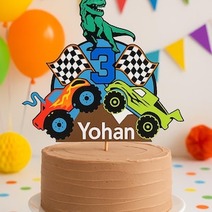 Dinosaur Monster Truck Birthday Cake Topper | Personalized Party Decoration | Custom Name Topper – Racing Theme | Handmade cake Topper