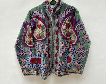 Hand Embroidered Velvet Suzani Jacket, Floral Boho Statement Coat