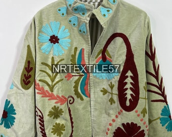 Hand Embroidered Suzani Velvet Jacket, Floral Boho Coat