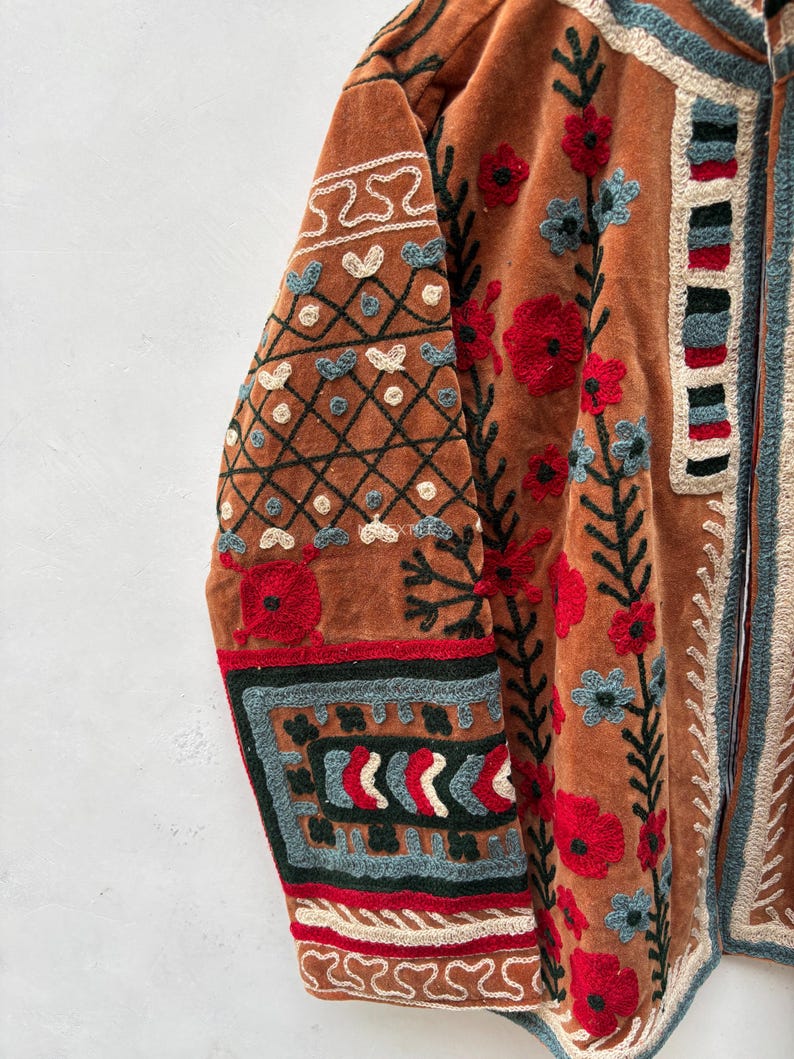 Handcrafted Suzani Velvet Jacket, Traditional Floral Embroidery, Boho Statement Outerwear image 3