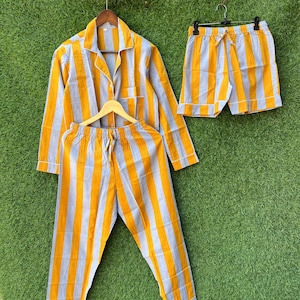 Yellow Striped Nightwear Cotton Pyjamas set, Peony & Persimmon Cozy Pyjama Set Womens Gift