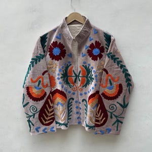 Hand Embroidered Velvet Suzani Jacket, Floral Boho Statement Coat