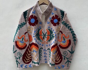 Hand Embroidered Velvet Suzani Jacket, Floral Boho Statement Coat