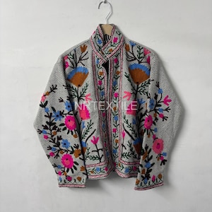 Handmade Suzani Embroidered Velvet Jacket, Boho Floral Statement Coat Uzbek Style