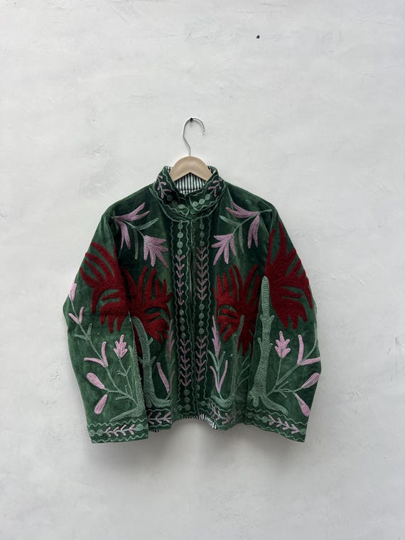 Hand Embroidered Velvet Suzani Coat, Floral Boho Statement Jacket