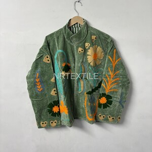 Hand Embroidered Green Velvet Jacket, Boho Floral Suzani Coat, Ethnic Artisan Outerwear