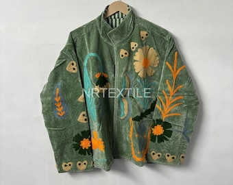 Hand Embroidered Green Velvet Jacket, Boho Floral Suzani Coat, Ethnic Artisan Outerwear