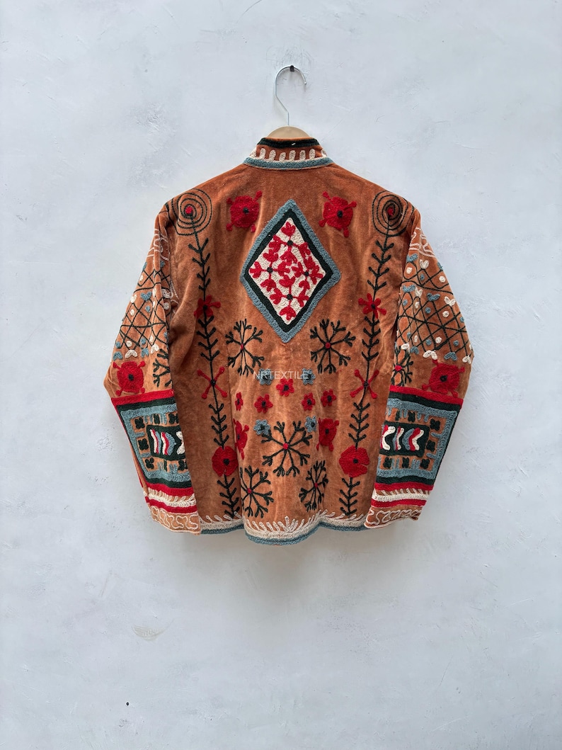 Handcrafted Suzani Velvet Jacket, Traditional Floral Embroidery, Boho Statement Outerwear image 5