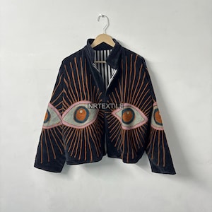 Velvet Suzani Jacket, Hand Embroidered Eye Motif, Boho Statement Coat