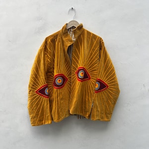Velvet Suzani Jacket, Hand Embroidered Eye Motif Coat, Boho Statement Outerwear