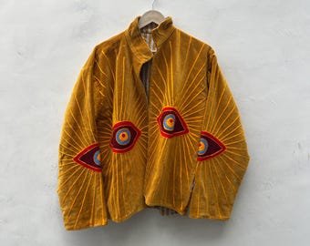Velvet Suzani Jacket, Hand Embroidered Eye Motif Coat, Boho Statement Outerwear