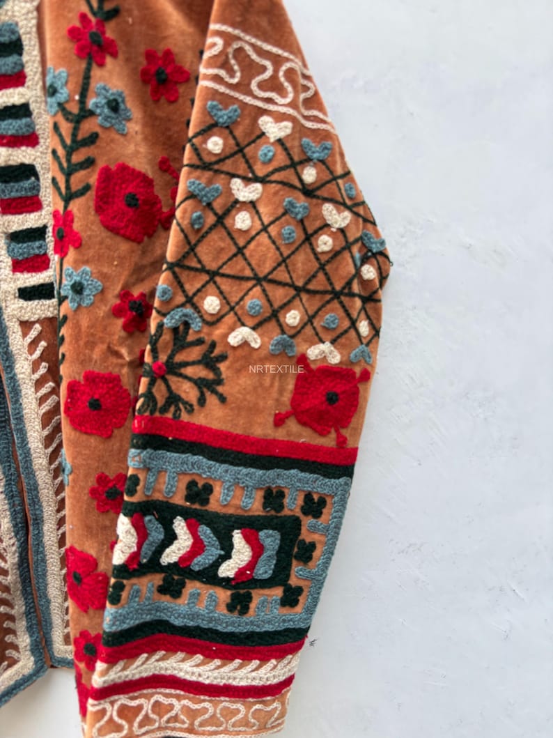 Handcrafted Suzani Velvet Jacket, Traditional Floral Embroidery, Boho Statement Outerwear image 2