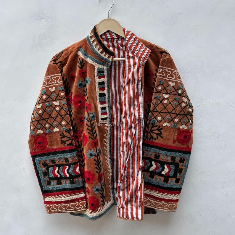 Handcrafted Suzani Velvet Jacket, Traditional Floral Embroidery, Boho Statement Outerwear image 1