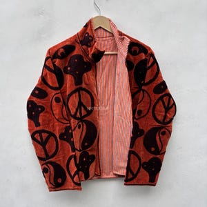 Samtjacke, usbekische Stickerei, Boho Statement Mantel, mit Baumwolle gefüttert