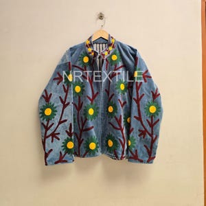 Vintage Handmade Floral bestickte Samtjacke | Boho Blauer Samt Mantel | Folk Art Statement Jacke | Einzigartige Festival-Oberbekleidung für Frauen
