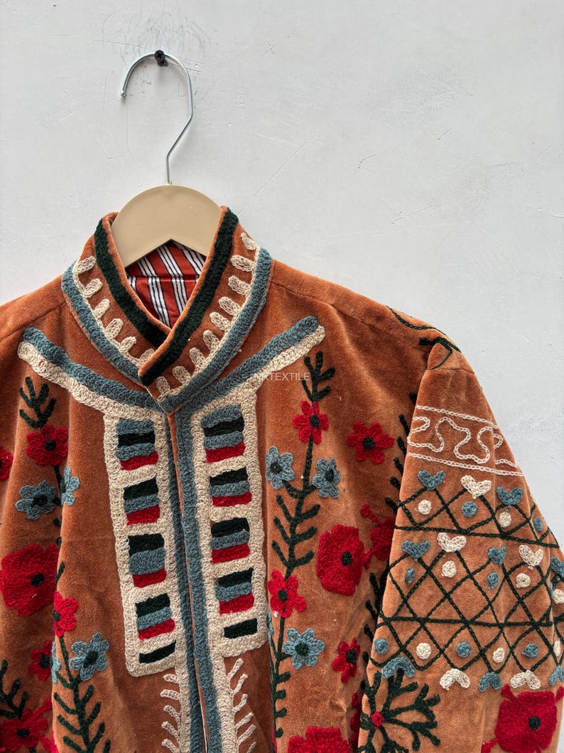 Handcrafted Suzani Velvet Jacket, Traditional Floral Embroidery, Boho Statement Outerwear image 4