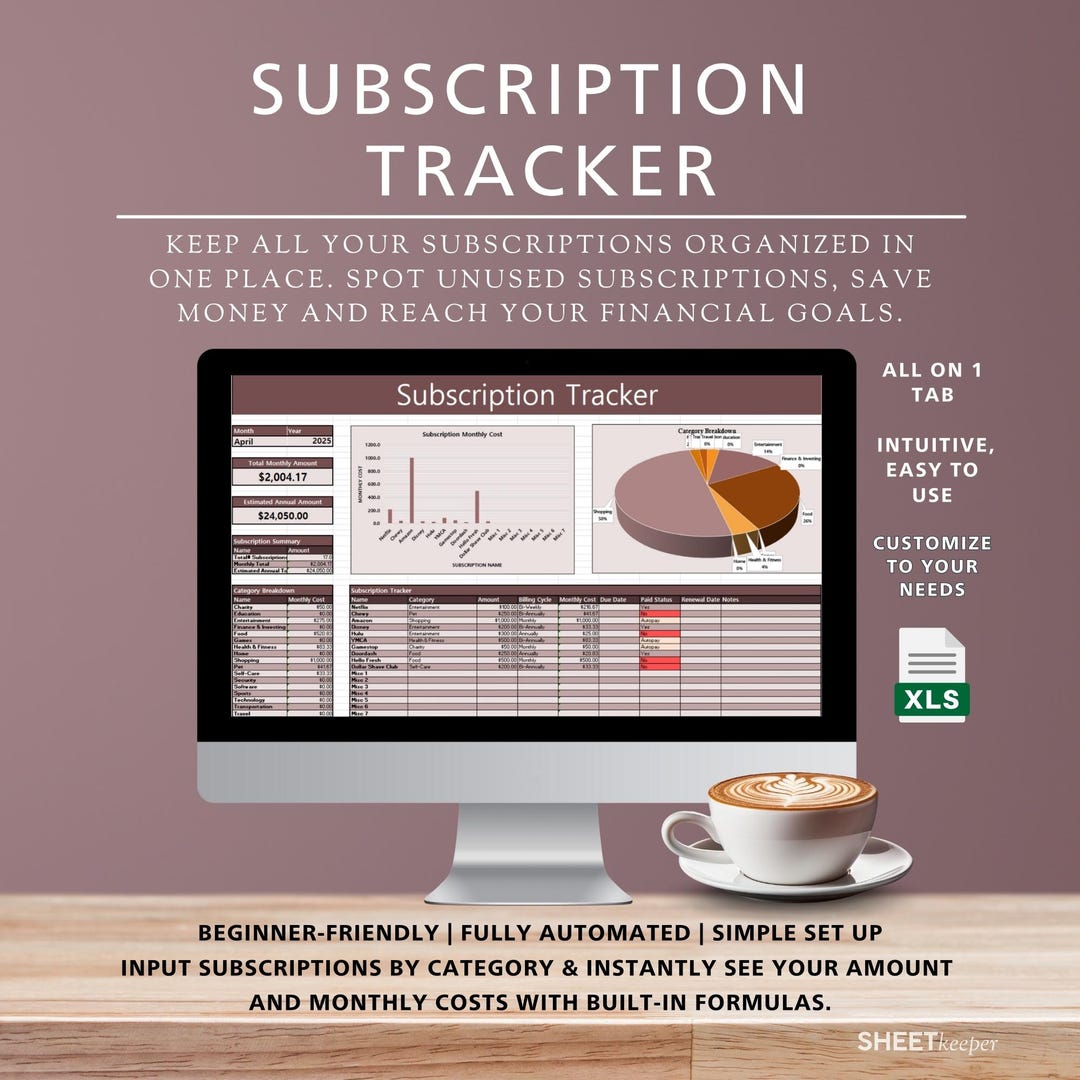 Subscription Tracker Excel Template: Monthly Bill Organizer (digital ...