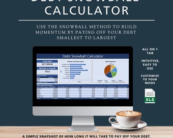 May include: A computer monitor displays a "Debt Snowball Calculator" spreadsheet. The screen shows debt breakdown charts and financial data. Text on the screen reads "Use the snowball method to build momentum by paying off your debt smallest to largest."