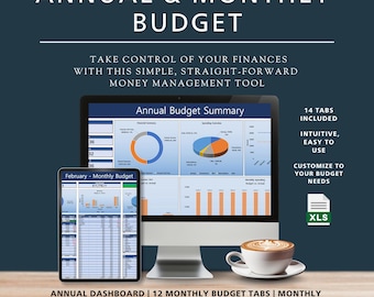 May include: A computer monitor and tablet displaying a financial budget summary. The image includes the text "ANNUAL & MONTHLY BUDGET" and "TAKE CONTROL OF YOUR FINANCES". A cup of coffee sits to the right of the monitor. The image also includes the text "14 TABS INCLUDED".