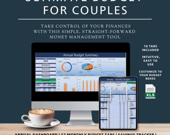 May include: A digital financial planning tool for couples, displayed on a computer monitor and tablet. The screen shows budget summaries and charts. Text includes "Ultimate Budget for Couples" and "Annual Dashboard". A cup of coffee sits in the foreground.