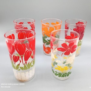 Lot 5 Vintage Kraft Boscul Swanky Swig Orange Red Tulips Flowers Juice Glasses 5"