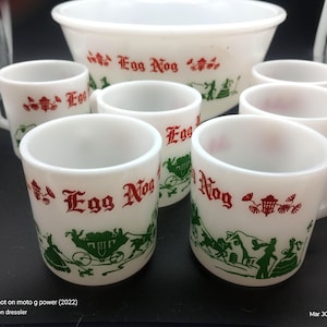 Vintage Hazel Atlas Milk Glass Christmas Egg Nog Set Punch Bowl And 6 Mugs