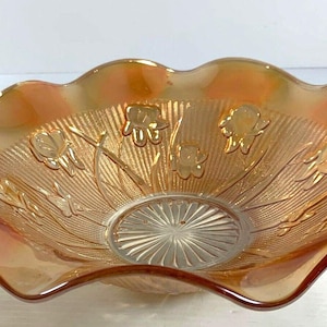VTG Jeannette Glass  Iris and Herringbone 12&quot; Iridescent Ruffled Bowl