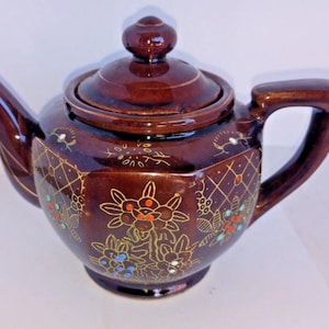 Vintage / Antique Japanese Moriage Redware Personal Personal Teapot Floral Gold 6"