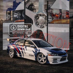 Puede incluir: Un póster de descarga digital que muestra un sedán deportivo blanco con calcomanías de carreras azules y rojas, un alerón trasero y ruedas blancas. El fondo incluye un collage de piezas de coche y el texto DIGITAL DOWNLOAD NOT A PHYSICAL ITEM.
