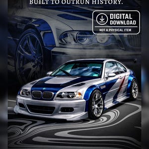 May include: A digitally designed sports car with a silver, blue, and red color scheme. The image includes the text "BUILT TO OUTRUN HISTORY." and "DIGITAL DOWNLOAD, NOT A PHYSICAL ITEM." The design is by MONKIFLIPP GARAGE.