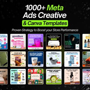Op de afbeelding: Een promotionele afbeelding met de tekst "1000+ Meta Ads Creative & Canva Templates" en diverse productadvertenties. De advertenties behandelen onderwerpen als gezondheid, welzijn en levensstijl, met een donkere achtergrond en witte tekst.