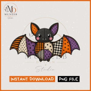 May include: A digital illustration of a patchwork bat featuring a black head with white fangs, pink cheeks, and large eyes. The wings and body are composed of various fabric patterns including orange, purple, black, white, and star-print sections.