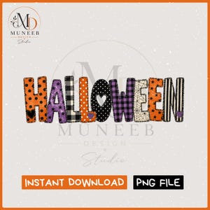 May include: A digital graphic design featuring the word HALLOWEEN in block letters, each with a unique pattern including orange polka dots, purple stars, black and white buffalo check, spider webs, and stripes, with small heart accents.