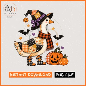 Halloween Goose PNG, Patchwork Goose Witch PNG, Cute Fall Goose Sublimation Design, Pumpkin Goose PNG, Whimsical Halloween Digital Download