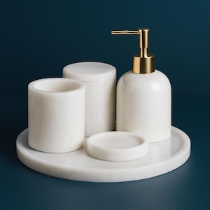 Handmade Marble Bathroom Set: Soap Dispenser, Toothbrush Holder, Tray (5 pcs