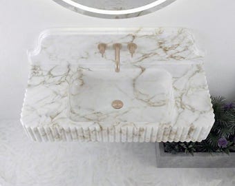 Calacatta Gold Marble Sink with Matching Fluted Backsplash – Hand-Carved Luxury Wall-Mounted Bathroom Basin