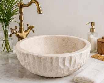 Lavabo fait main en marbre travertin - Lavabo rond à poser en pierre naturelle pour salles de bains rustiques modernes