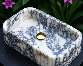 Calacatta Viola Marble Fluted Sink: Hand-Carved Stone Bathroom Vessel