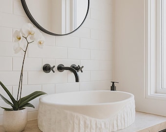Hand-Carved Vertical Grooved White Marble Vessel Sink