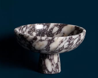 Calacatta Viola Marble Pedestal Bowl: Scalloped Fluted Decorative Centerpiece