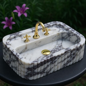 Calacatta Viola Marble Wall-Mounted Sink | Hand-Carved Ribbed Stone Basin | Luxury Rectangular Bathroom Vanity