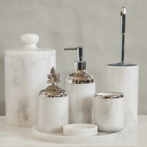 Luxury White Marble Bathroom Accessory Set – 7-Piece Elegant Bathroom Decor with Soap Dispenser, Toothbrush Holder, Tray