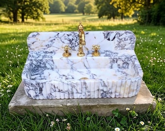 Lavabo de mármol Calacatta Viola / Lavabo acanalado tallado a mano / Montaje en pared o sobre encimera / Tamaños personalizados