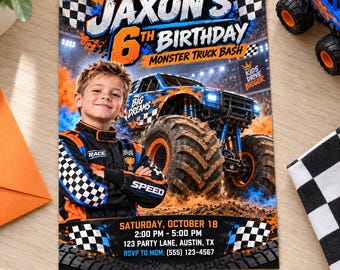 May include: A birthday invitation featuring a child in a racing suit next to a blue monster truck. Text reads: Jaxon's 6th Birthday Monster Truck Bash, Saturday, October 18, 2:00 PM - 5:00 PM, 123 Party Lane, Austin, TX, RSVP to Mom: (555) 123-4567.