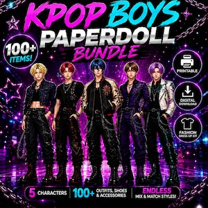 Könnte beinhalten: Ein digitales KPOP BOYS PAPERDOLL BUNDLE mit fünf illustrierten Charakteren in verschiedenen Outfits. Die Grafik enthält den Text 100+ ITEMS, PRINTABLE, DIGITAL DOWNLOAD, FASHION DRESS UP KIT, 5 CHARACTERS und 100+ OUTFITS, SHOES & ACCESSORIES.